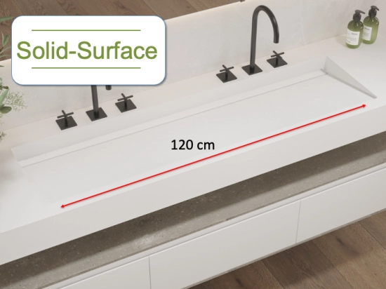 Plan vasque, bassin incliné grand taille 120 cm : L 130 à 201 x P 40 à 51 cm, finition lisse mate, Solid-Surface, résine Akrytan® teinté dans la masse, Livraison Offerte.